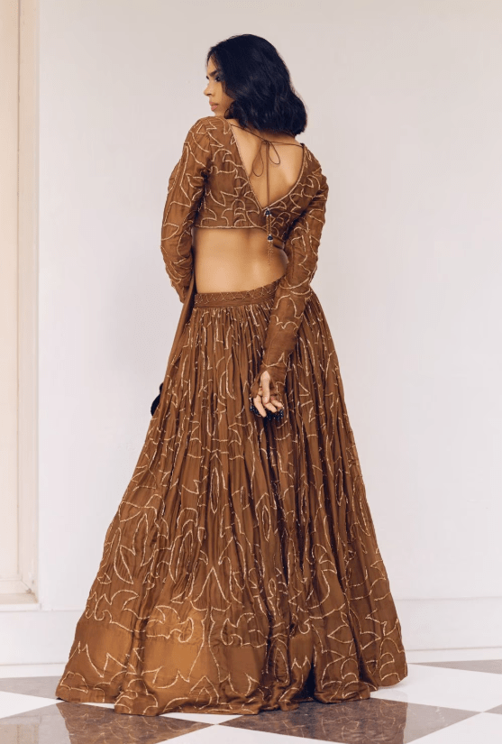 Brown Modal Silk Zardozi Jaal Lehenga Set - Image 4