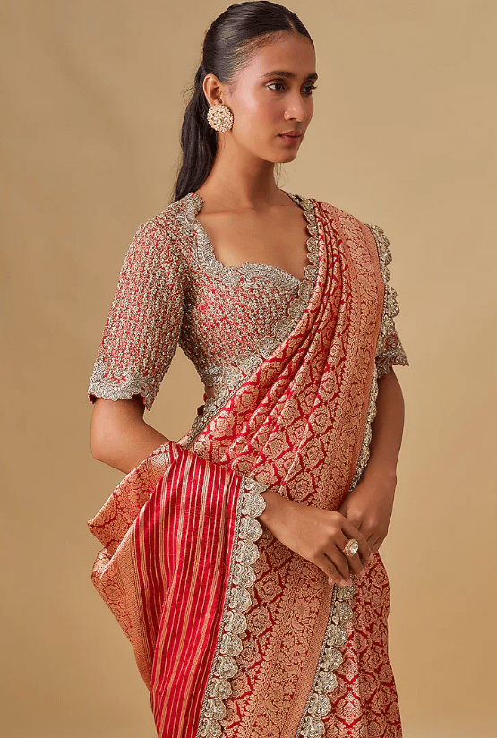 Red Banarasi Silk Zardosi Embroidered Saree Set - Image 4