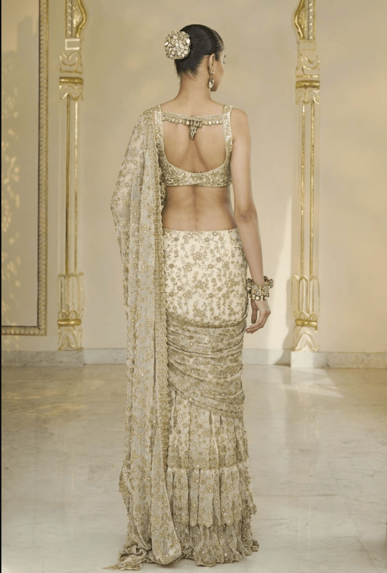 Gold-Beige Hand Embroidred Ruffle Concept Sari Set - Image 5