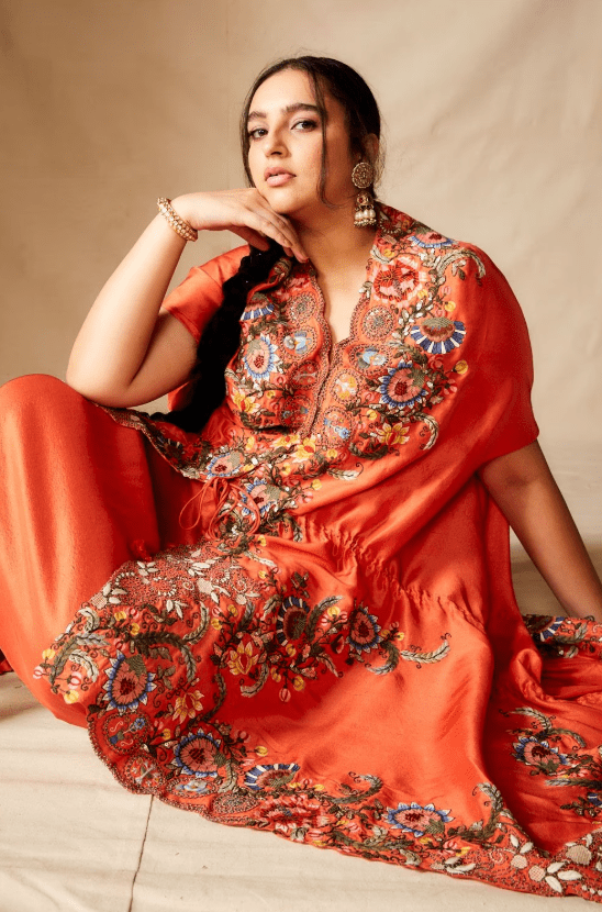 Orange embroidered kaftan set
