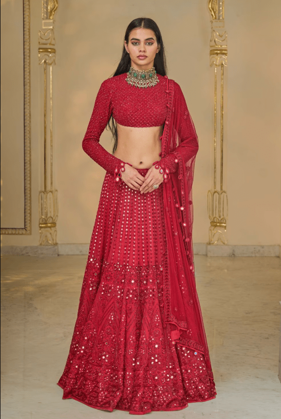 Red Mirror-Cutdana Hand Embroidered Lehenga Set