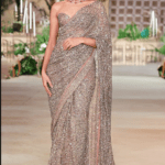 Peach Net Sequin Hand Embroidered Saree Set