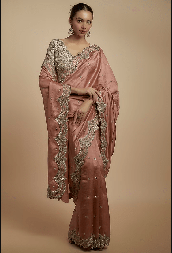 Peach Silk Zari Embroidered Saree Set