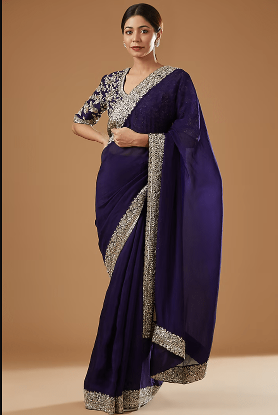 Purple Silk Embroidered Saree Set