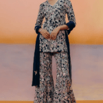Navy Blue Organza Floral Embroidered Sharara Set