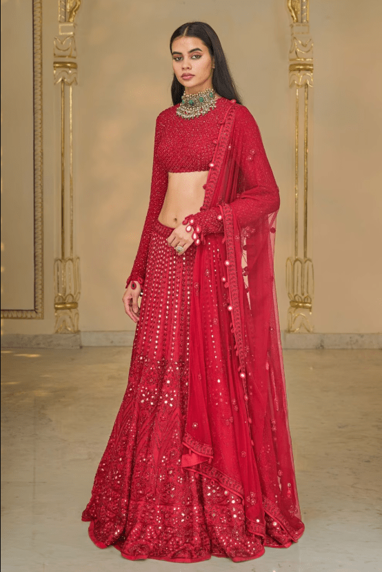 Red Mirror-Cutdana Hand Embroidered Lehenga Set - Image 2