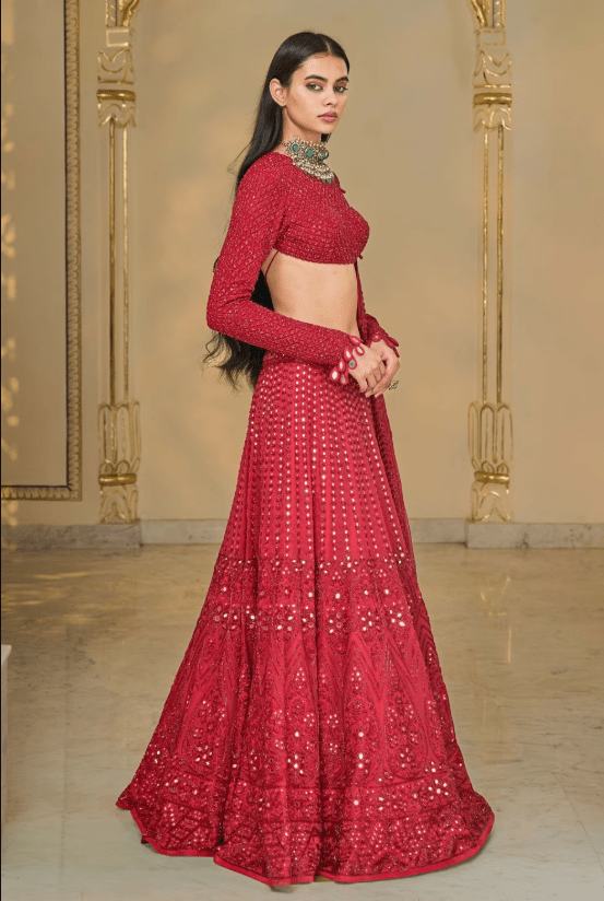 Red Mirror-Cutdana Hand Embroidered Lehenga Set - Image 3