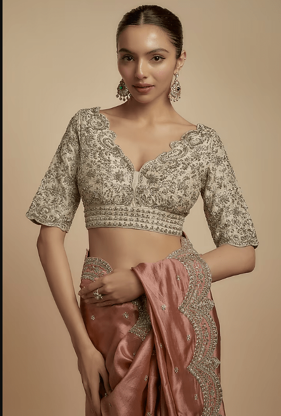 Peach Silk Zari Embroidered Saree Set - Image 3