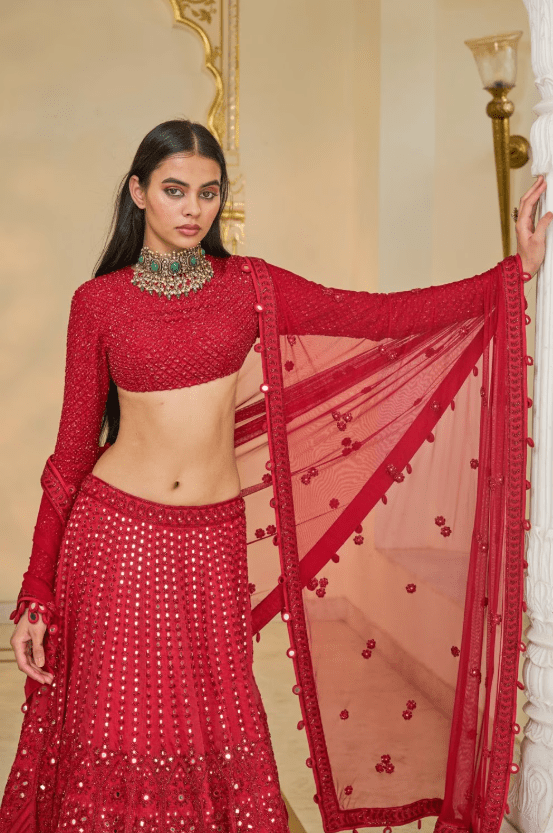 Red Mirror-Cutdana Hand Embroidered Lehenga Set - Image 4