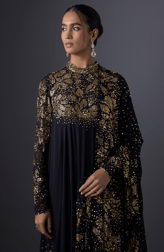 Black Chiffon Sequins Embroidered Kurta Set - Image 4