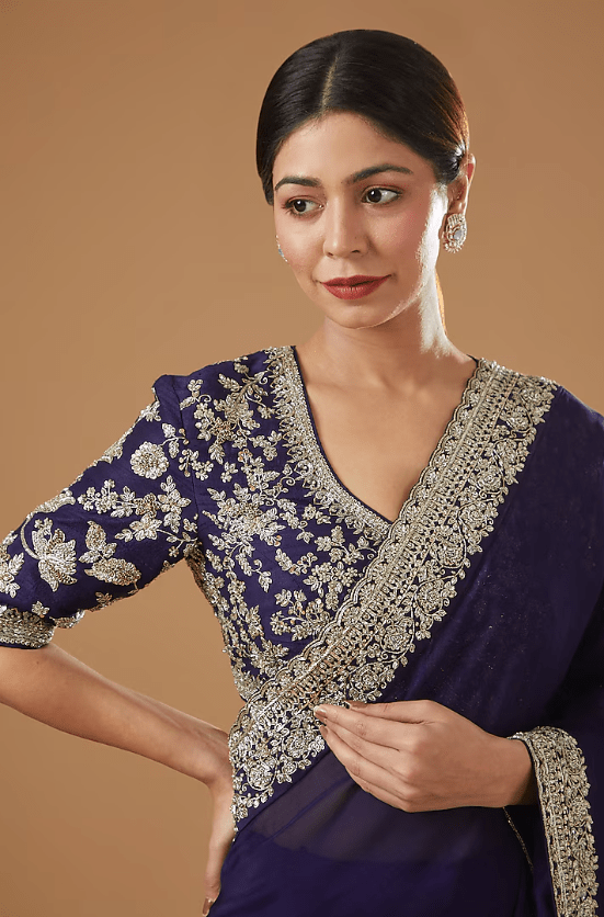 Purple Silk Embroidered Saree Set - Image 4