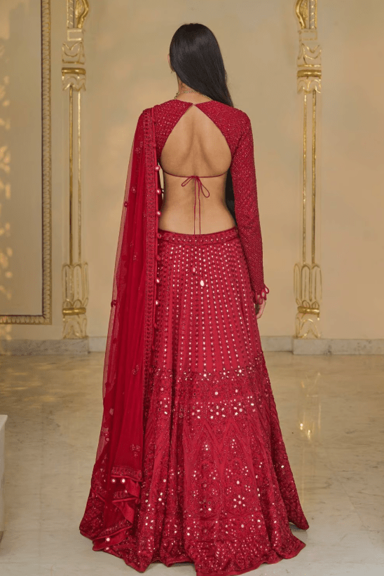 Red Mirror-Cutdana Hand Embroidered Lehenga Set - Image 5