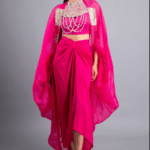 Fuschia Organza & Silk Cape Set with Neckpiece