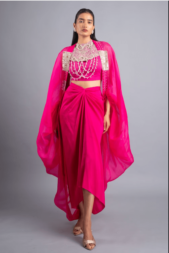 Fuschia Organza & Silk Cape Set with Neckpiece