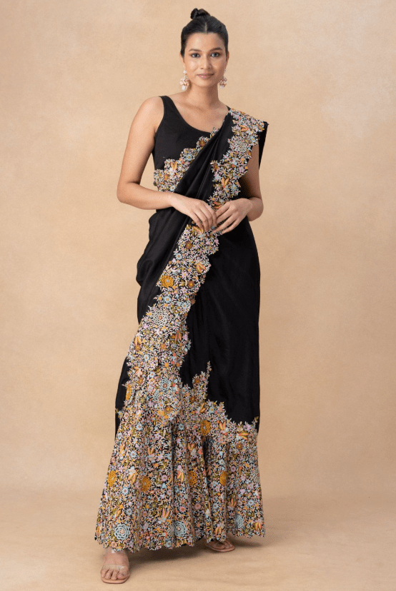 Black embellished draped sari & sharara set