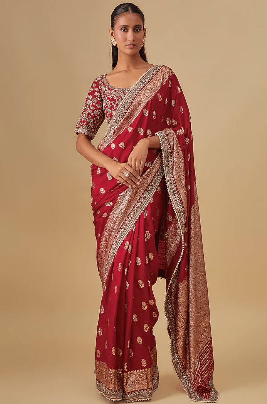 Red Banarasi Silk Zardosi Embroidered Saree Set