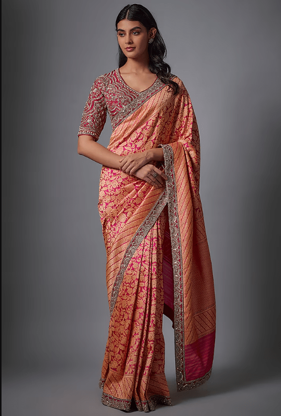 Pink Banarasi Embroidered Saree Set