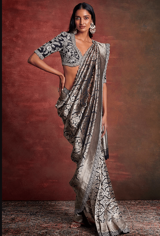 Black Banarasi Silk Zardosi Embroidered Saree Set