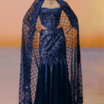 Navy Blue Organza & Tulle Floral Embroidered Flared Skirt Set