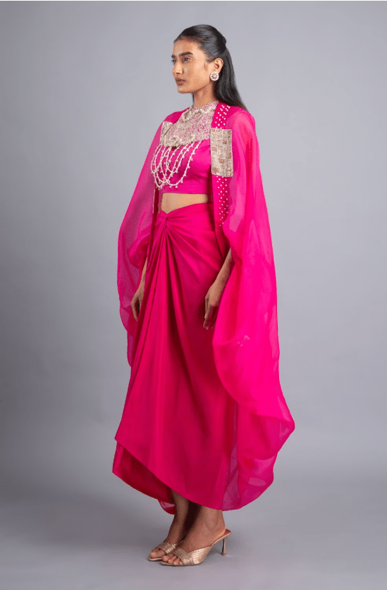Fuschia Organza & Silk Cape Set with Neckpiece - Image 2