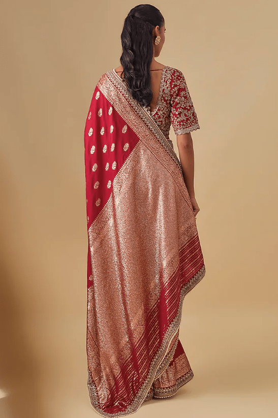 Red Banarasi Silk Zardosi Embroidered Saree Set - Image 2