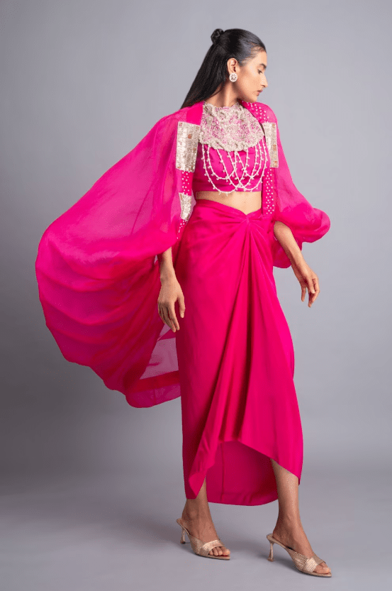 Fuschia Organza & Silk Cape Set with Neckpiece - Image 3