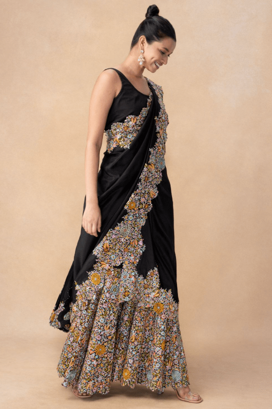Black embellished draped sari & sharara set - Image 3