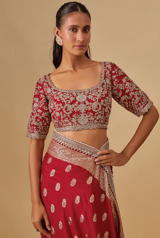 Red Banarasi Silk Zardosi Embroidered Saree Set - Image 3