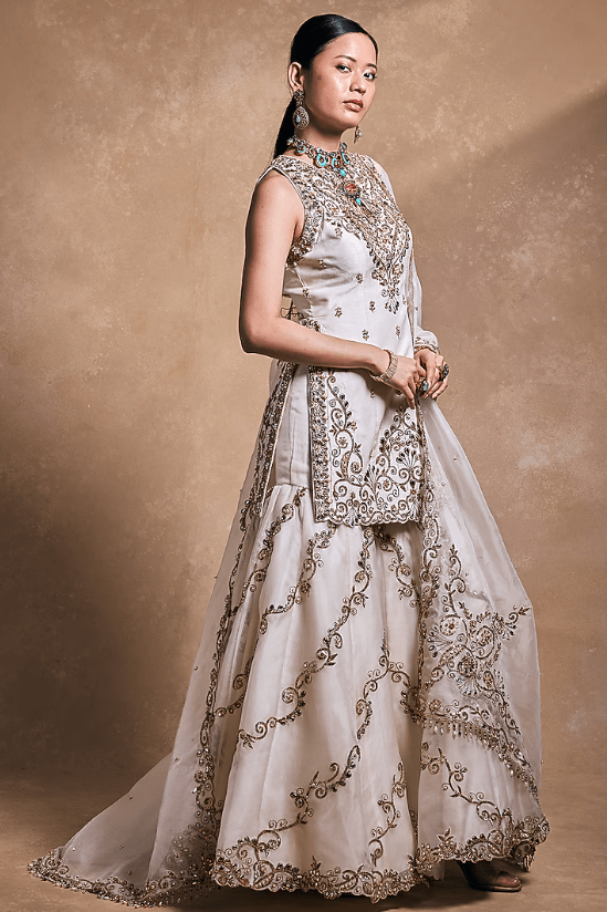Ivory Organza & Raw Silk Zari Embroidered Gharara Set - Image 3