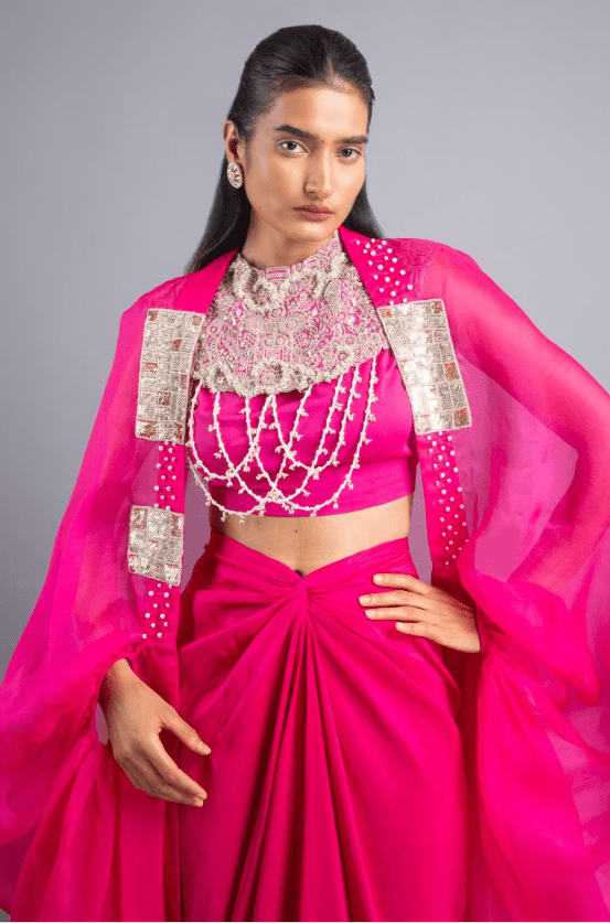 Fuschia Organza & Silk Cape Set with Neckpiece - Image 4