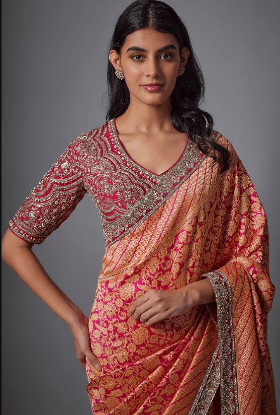 Pink Banarasi Embroidered Saree Set - Image 4