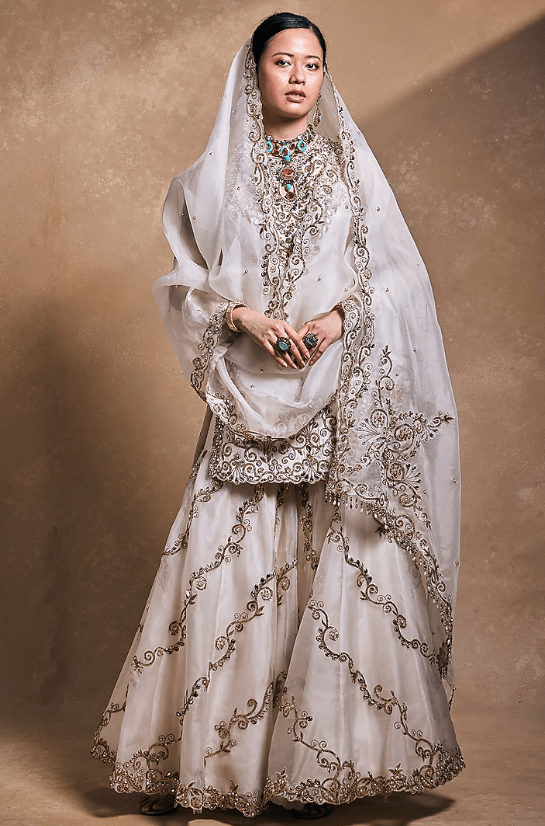 Ivory Organza & Raw Silk Zari Embroidered Gharara Set - Image 4