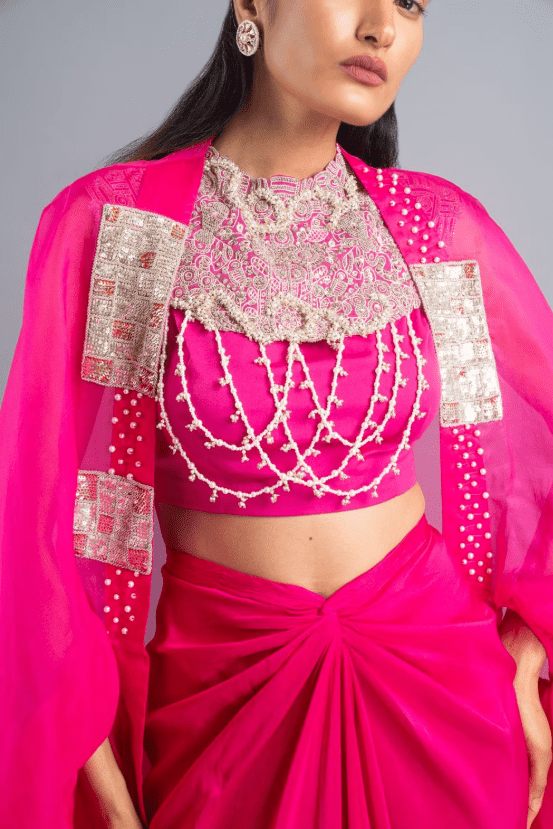 Fuschia Organza & Silk Cape Set with Neckpiece - Image 5
