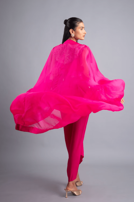 Fuschia Organza & Silk Cape Set with Neckpiece - Image 6