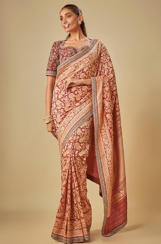 Red Banarasi Zardosi Embroidered Saree Set