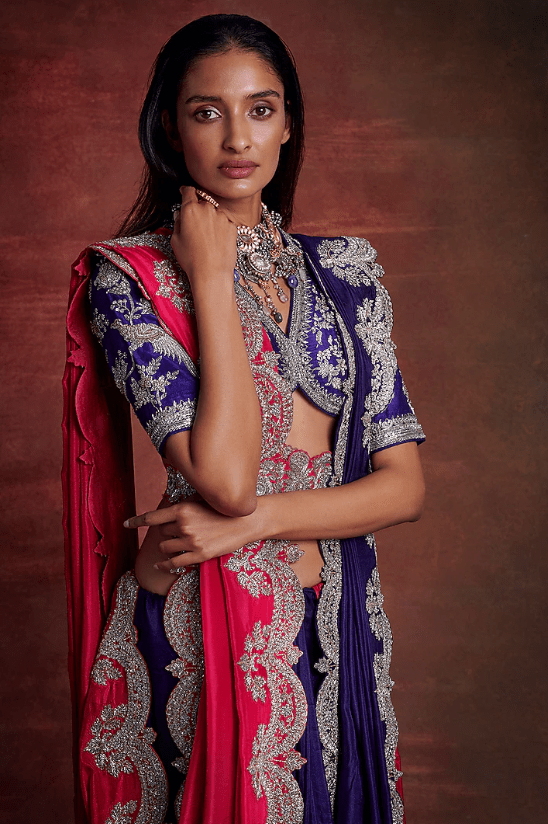 Purple & Pink Silk Embroidered Saree Set - Image 2