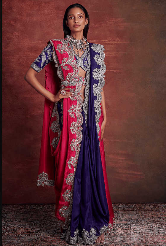 Purple & Pink Silk Embroidered Saree Set