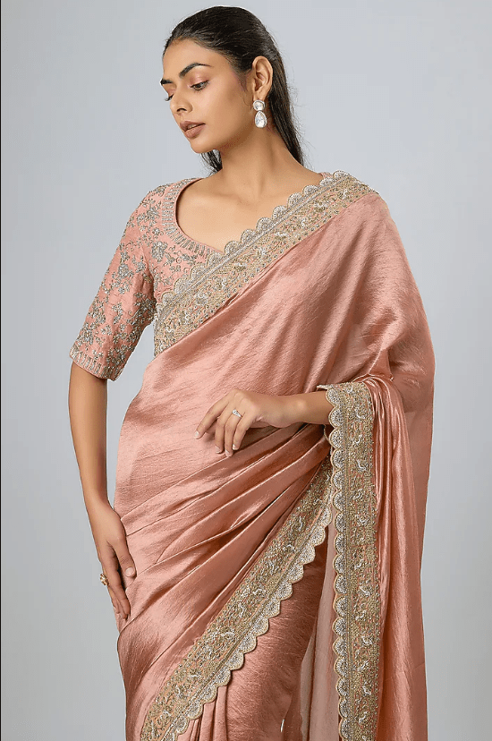 Peach Silk Zardosi Embroidered Saree Set - Image 3