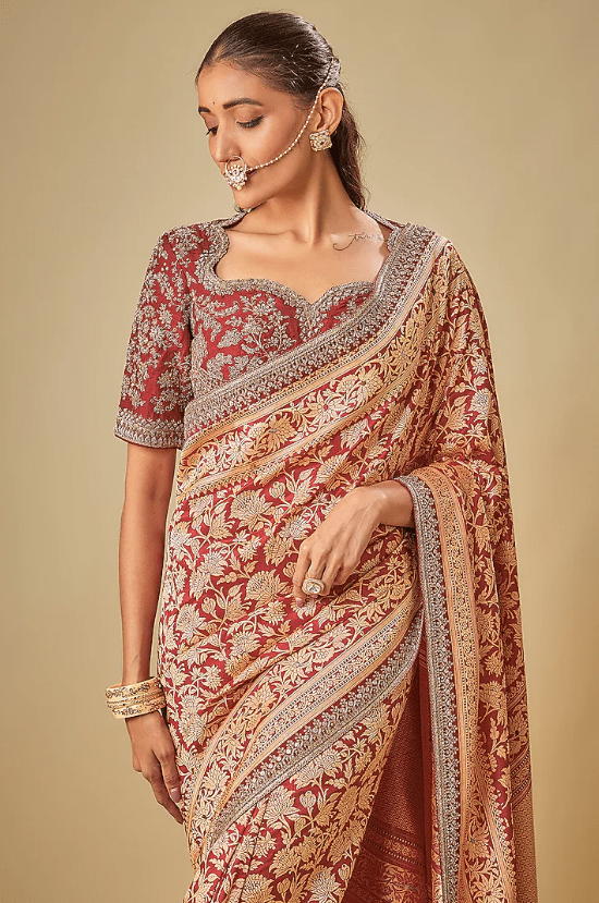 Red Banarasi Zardosi Embroidered Saree Set - Image 4