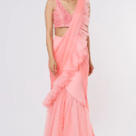 Baby Pink Organza & Chiffon Hand Embroidered Pre-Draped Saree Set