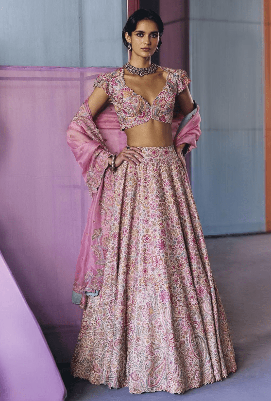 Ivory-Pink Silk Floral Embroidered Lehenga Set