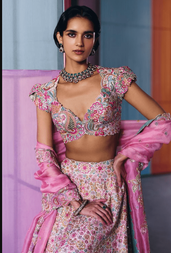 Ivory-Pink Silk Floral Embroidered Lehenga Set - Image 2