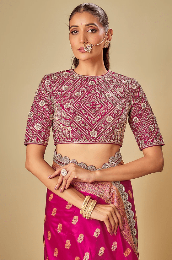 Pink Banarasi Zardosi Embroidered Saree Set - Image 3