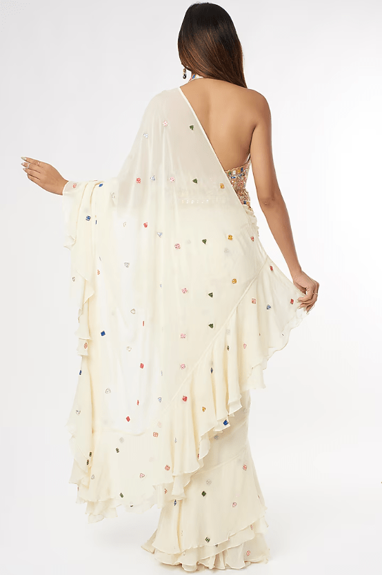 Ivory Georgette Ruffled Saree Set - Image 3