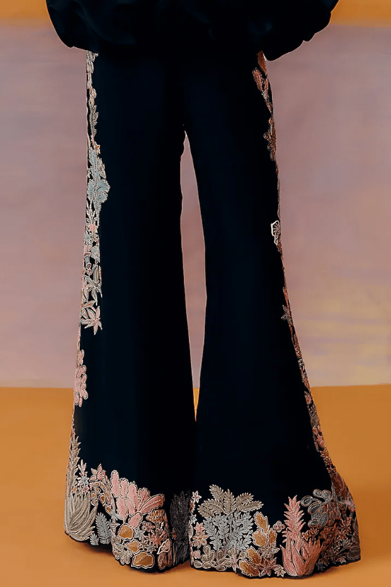 Black Organza Floral Applique Embroidered Kalidar Pant Set - Image 3