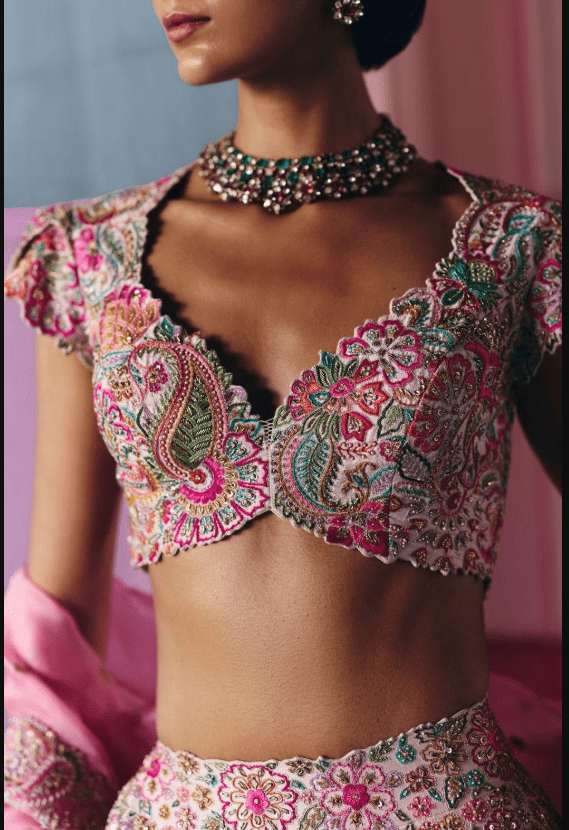 Ivory-Pink Silk Floral Embroidered Lehenga Set - Image 3