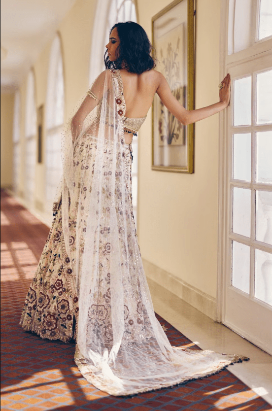 Ivory Modal Silk Araishi Resham Lehenga Set - Image 4