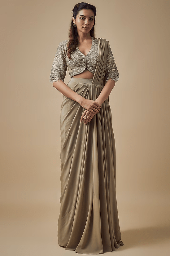 Gold Crepe Pre-Draped Saree Set