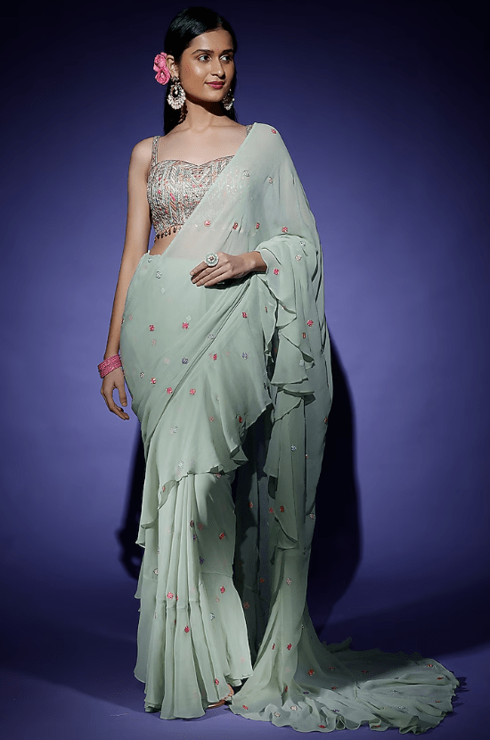 Mint Green Georgette Ruffled Saree Set