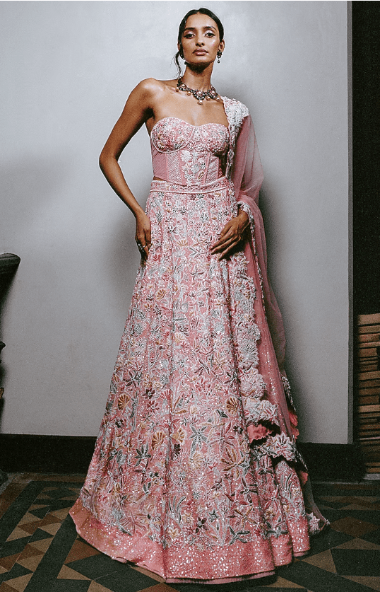 Blush Pink Tulle & Organza Sequin Embroidered Lehenga Set